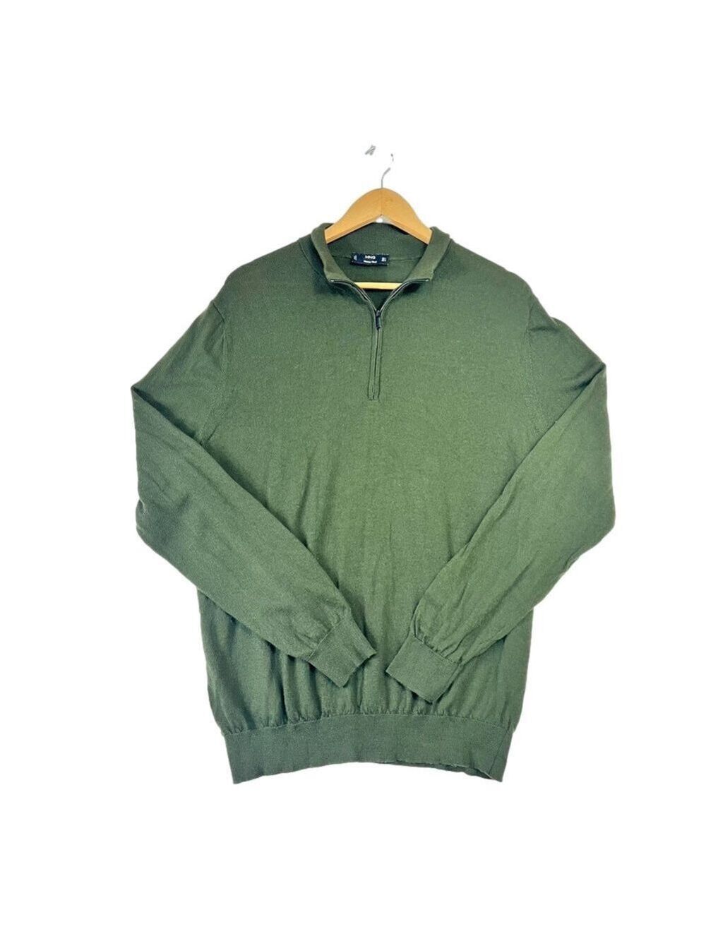 Mango MNG Men Merino Wool Sweater Green 1/4 Zip Size L Lightweight Preppy
